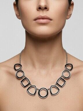 Nygard Elegant Black Enamel and Silver Geometric Link Necklace